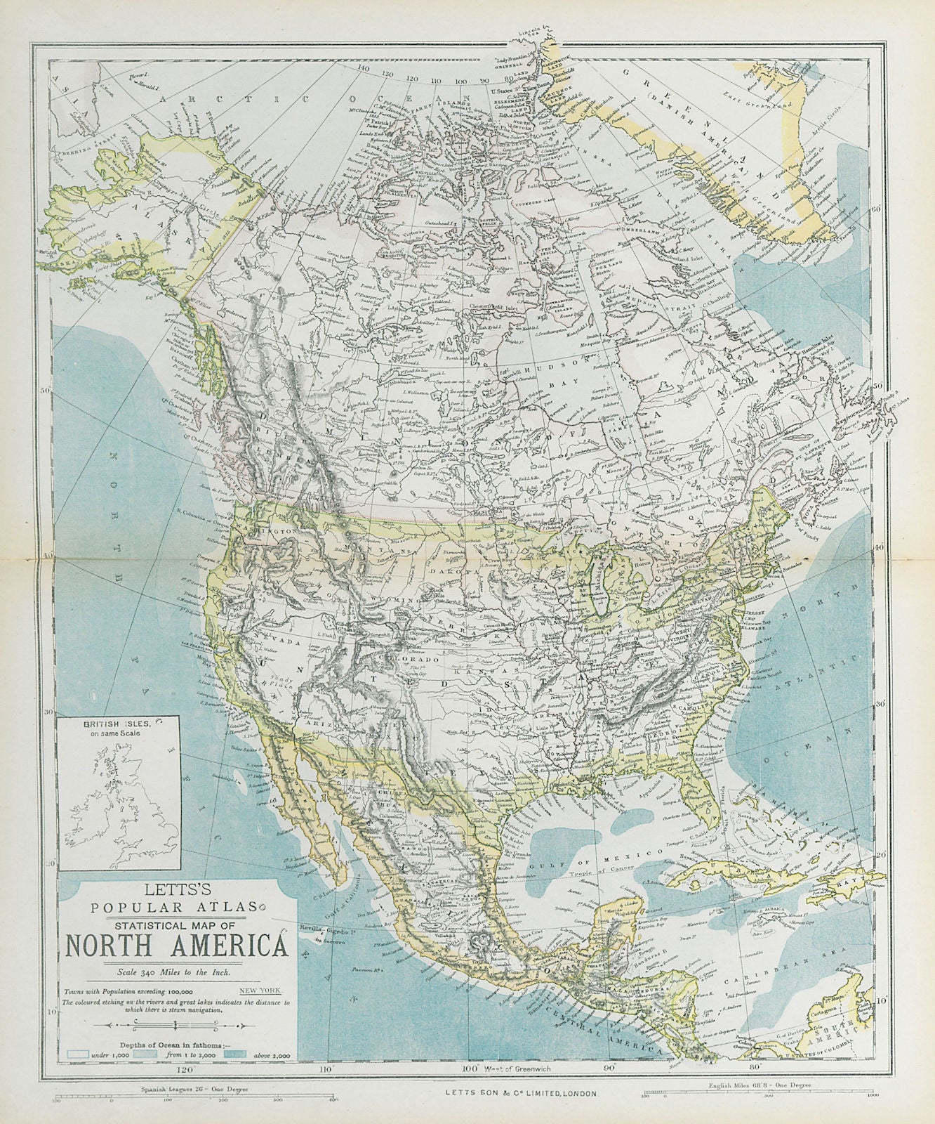 NORTH AMERICA showing Union Pacific transcontinental railroad. LETTS 1883 map